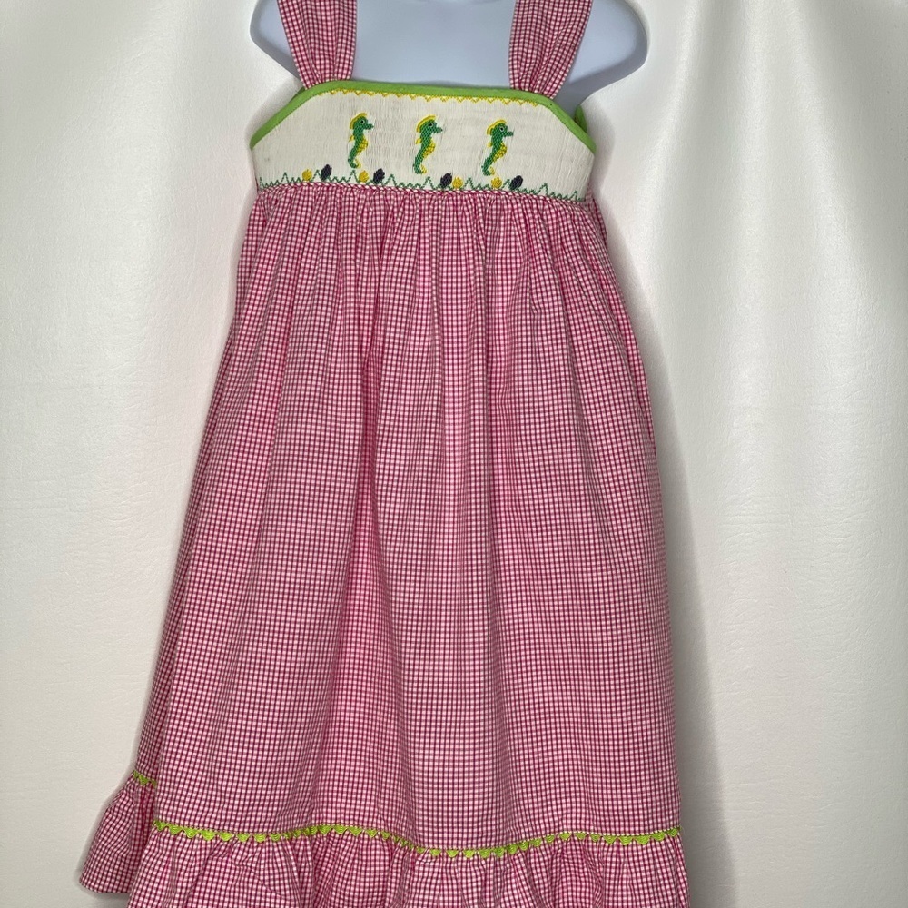 Mom & me girls pink gingham seahorse smocked dress 6x nwt